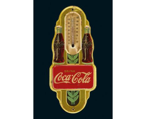 17,5 x 40 cm, geprägtes, lithographiertes Blechschild, funktionstüchtiges Thermometer, bezeichnet: Made in USA, 1941.