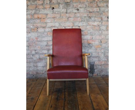 Mid Century faux red leather upholstered armchair with beech wood frame
