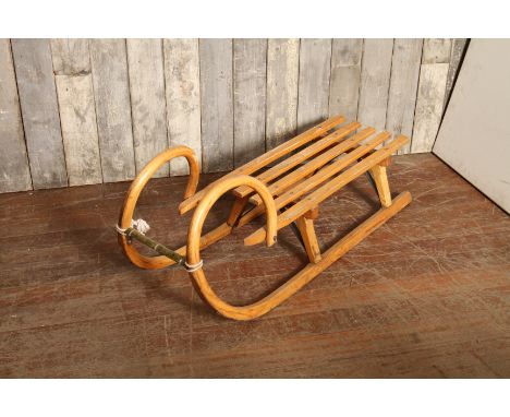 Vintage beech wood sled, small with curly front and slatted seat