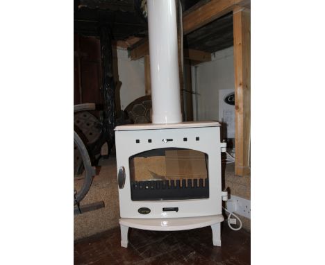 Contemporary Carron 4.7kw stove in white enamel with matching stove pipe H: 51 W: 43 cm
