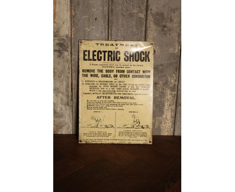 Mid Century enamel 'Treatment for Electric Shock' sign including illustrations H: 33 W:24 cm