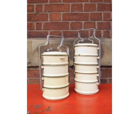 Contemporary enamel cream and green Indonesian tiffin tins coming with 4 tiers H : 34 cm