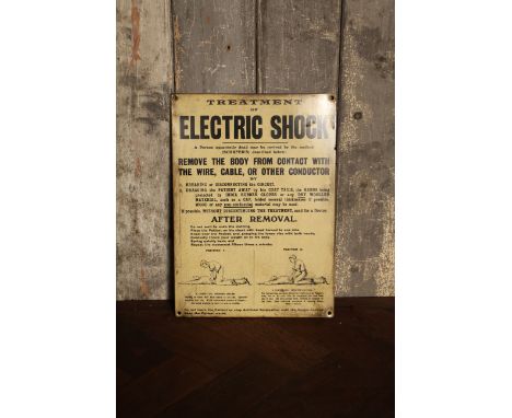 Mid Century enamel 'Treatment for Electric Shock' sign including illustrations H: 33 W:24 cm