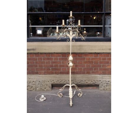 Converted Victorian wrought steel floor standing candelabra, coming with 5 candlestick holders on arrowhead form painted in c