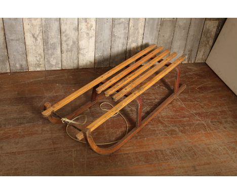 Vintage beech wood sled, small with flat front and slatted seat