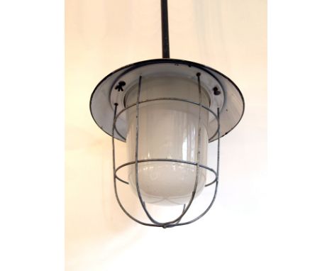 Industrial enamel pendant marine cage pendant with opaque glass shade H: 88 cm