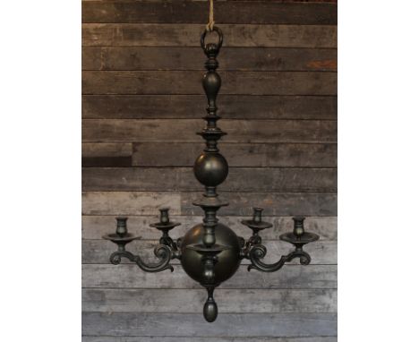 Victorian brushed brass 5 arm chandelier with spherical design and candle lamp holders H : 95 cm
