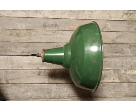 Industrial enamel green pendant light rewired with black twisted cable H: 36 cm