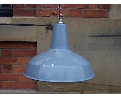 Industrial grey enamel pendant light newly rewired with polished chrome components H: 42 cm