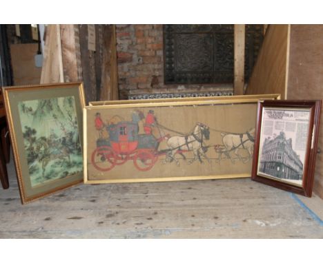 A framed Manchester heritage print, picture of horse etc H : 43 W: 47 cm ( 3 items )