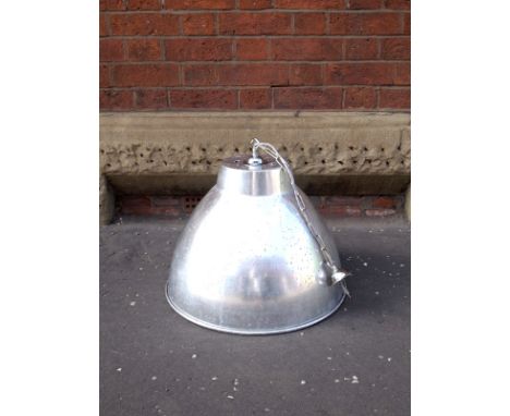 Industrial aluminium shade in a slightly distressed finish. Rewired with chrome lamp holder, gallery and ceiling rose H: 34 c