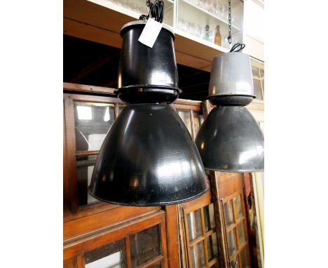 Two Industrial large enamel factory downlighters H: 80 W: 72 cm
