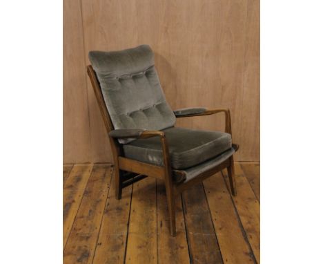 Mid Century teak armchair with pale green upholstery and buttoned back rest H :  95 cm W : 64 cm