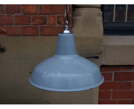 Industrial grey enamel pendant light newly rewired with polished chrome components