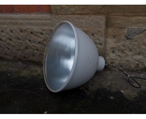Industrial enamel pendant light, newly rewired coming with convex lens H: 42 cm
