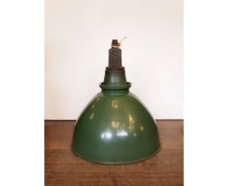 Industrial enamel bell shade in bottle green coming with original gallery fixture H: 55 W: 45 cm