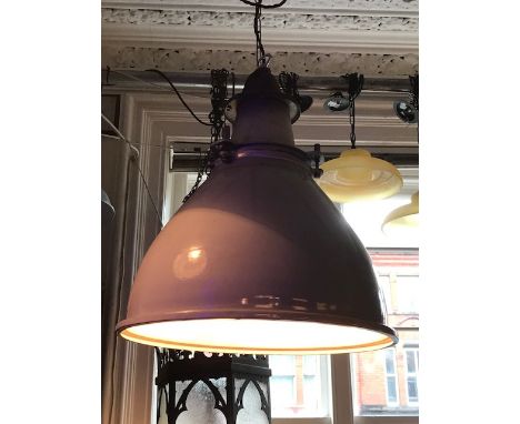 Industrial enamel and brushed steel pendant rewired with chrome fittings and original transformer pack H: 78 cm