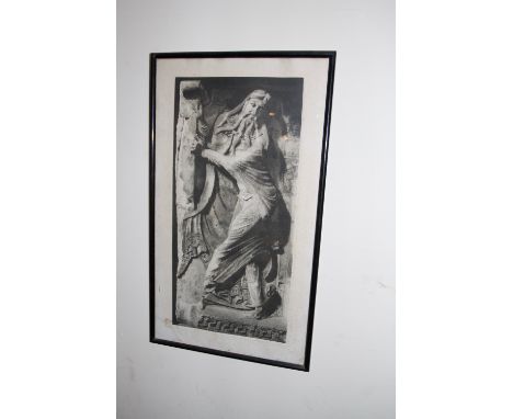 Antique style religious print of stone women in a contemporary slim black frame
