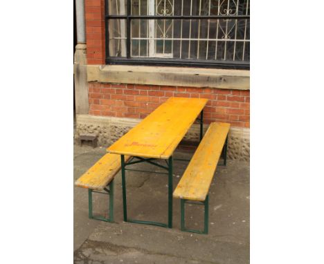 Contemporary painted pine German beer bench table with green steel collapsible legs and brewery stamp L: 1200 W: 50 cm