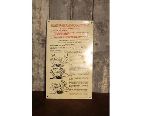 Mid Century enamel 'Treatment for Electric Shock' sign including illustrations H: 33 W:24 cm