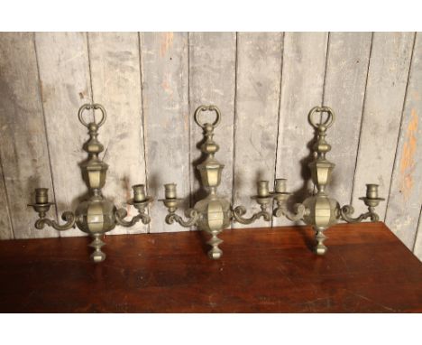A set of 3 Victorian Style brushed brass wall lights with candle lamp holder H: 40 cm