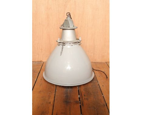 Industrial enamel and brushed steel pendant rewired with chrome fittings H: 60 cm