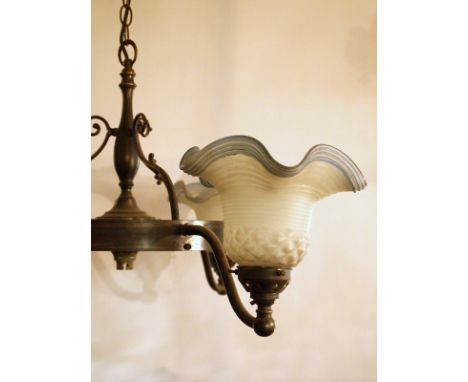 Victorian brass three-arm pendant lamp with glass shades H : 75 cm