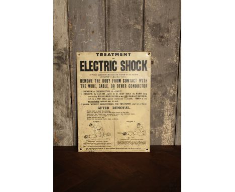 Mid Century enamel 'Treatment for Electric Shock' sign including illustrations H: 33 W:24 cm