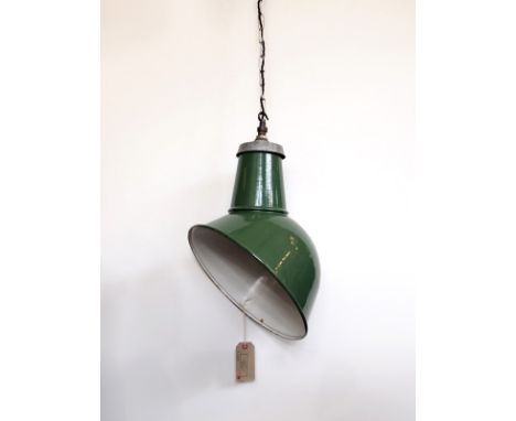 Industrial enamel parabolic shade in bottle green, rewired with twisted black flexible cable  H: 58 cm