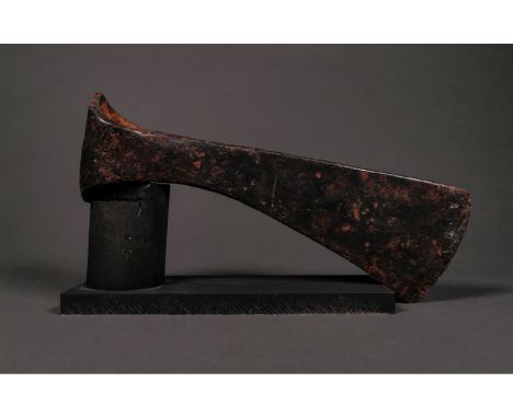 Ca. 900 AD Viking iron battle axe head mounted on a custom made stand. The metal is stable, sealed; composed by a circular sh