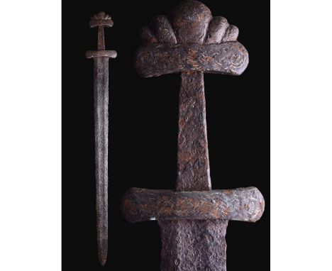 CA. 790-900 AD Fantastic, early Viking iron sword of Petersen K type; Well forged blade with deep inner chanel; handle well p