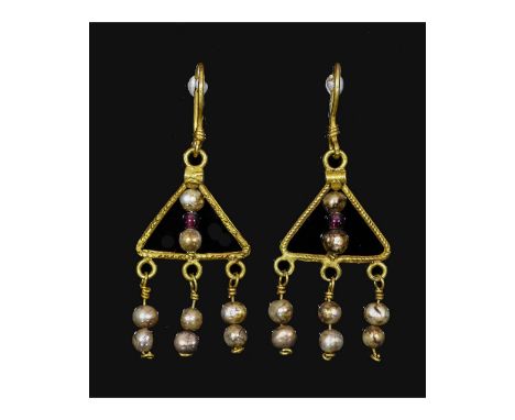 Ca.200-400 AD. A matched pair of gold earrings each with a triangular frame dangles with pearl beads. Fine condition; 58x23mm