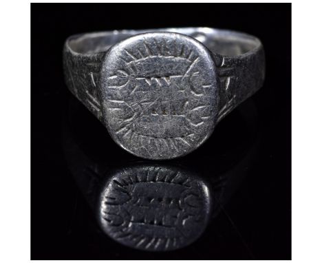 Ca.1200 AD. Very Rare wearable Crusaders silver ring, compromising a circular shaped bezel with "eye of providence" motif. Th