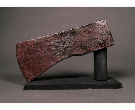 Ca.800 AD. A large, heavy, battle iron axe head, A hand-forged iron axe head with a slightly curved profile, elliptical apert