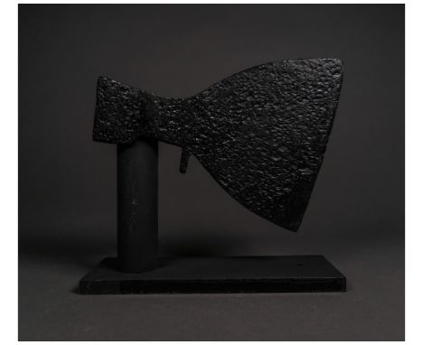 Ca. 900 - 1100 AD. Rare Medieval iron Axe head with a broad curved blade; square-shaped shaft; decorated with a geometric pat