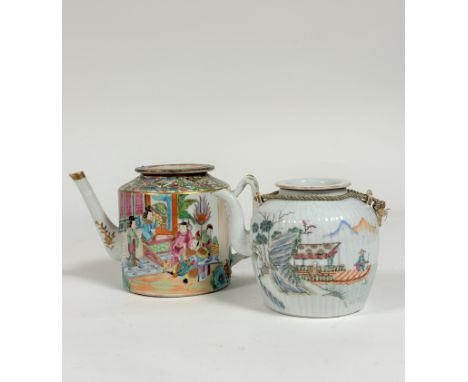 A Chinese famille rose teapot, the ribbed ovoid body painted with figures in pavilions and boats, unmarked; together with a C