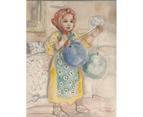 Ruth Moorwood (Scottish, exh. 1927-37), "Lala Fatimah", portrait of a young girl with balloons, signed lower left and titled 