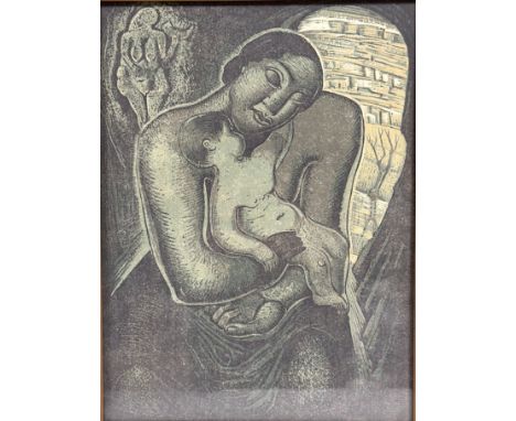 •William McCance (Scottish, 1894-1970), The Venus of Laussel, coloured linocut, framed. Image 29.5cm by 22cm. Note: not remov
