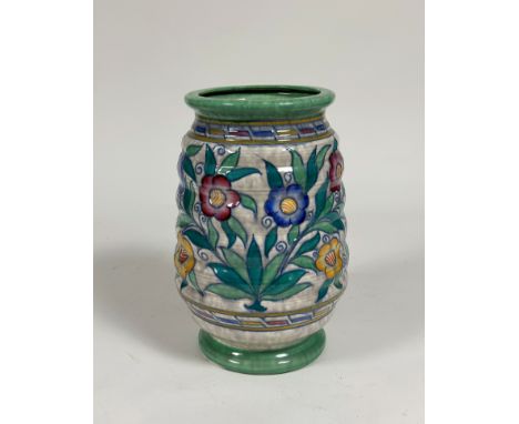 Charlotte Rhead for Crown Ducal, a ribbed cylindrical vase decorated in the Caliph pattern (no. 5411), printed and painted ma