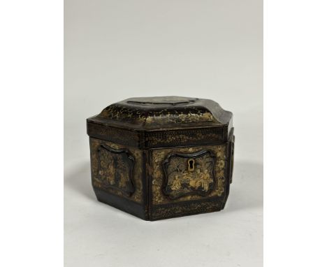 A Chinese Export black and gilt lacquer tea caddy, 19th century, of hexagonal form, the hinged cover and sides with raised fi