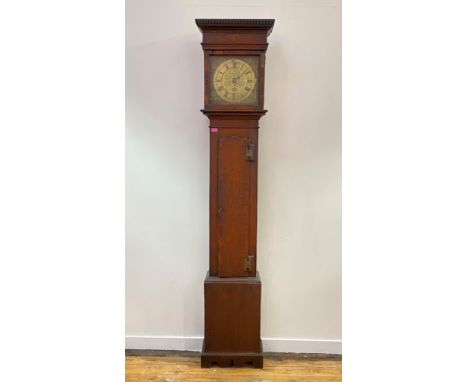 An oak longcase clock, 18th century and later, the hood with dentil cornice over an inlaid frieze, full length cross banded t