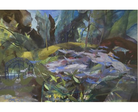 •Hazel Nagel R.S.W., R.G.I. (Scottish, b. 1953), "Blue Border, Houston House", signed lower left, mixed media, framed. 46cm b