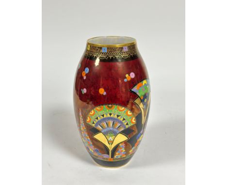 A rare Carlton Ware ruby lustre vase in the Egyptian Fan pattern, c. 1930, painted, printed and impressed marks including pat