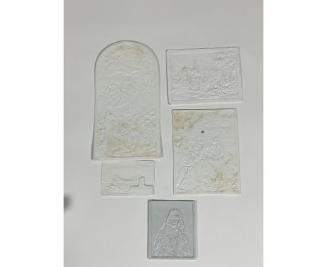 A group of five 19th century lithophanes, two probably Copeland or Minton, one of large arched form depicting the Ascension a