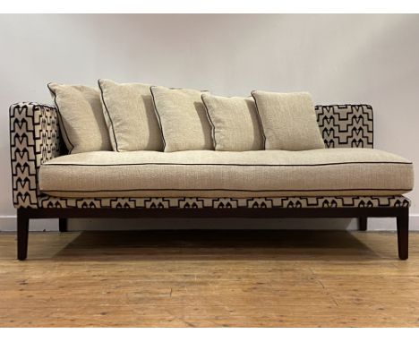 A contemporary designer chaise longue, the frame upholstered in Schumacher Turkish Step cut velvet and squab and scatter cush