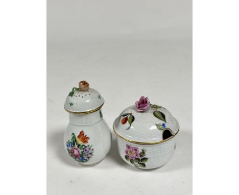 A Herend sugar sifter in the Printemps pattern, the domed cover with floral knop; together with a Herend sucrier in the Fruit