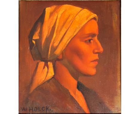 •Walther Hoeck (German, 1885-1956), Portrait of a Girl in a Headscarf, signed lower left, oil on canvas, framed. 35cm by 31.5