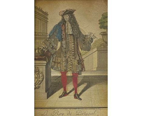 An 18th century French "embellished" portrait engraving, "Le Roy de Portugal", hand coloured and applied with coloured and me