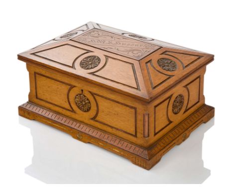 THE LAUNCHING CASKET FOR H.M. TORPEDO GUNBOAT HUSSAR, DEVONPORT DOCKYARD, JULY 3RD, 1894, carved with decorative roundels, th