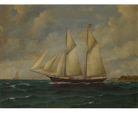 JULIUS GREGERSEN, (GERMAN, 1860-1953), Study of the two-masted schooner ~Leonhardt~ of Flensburg, Cptn W. Schneider, Signed, 